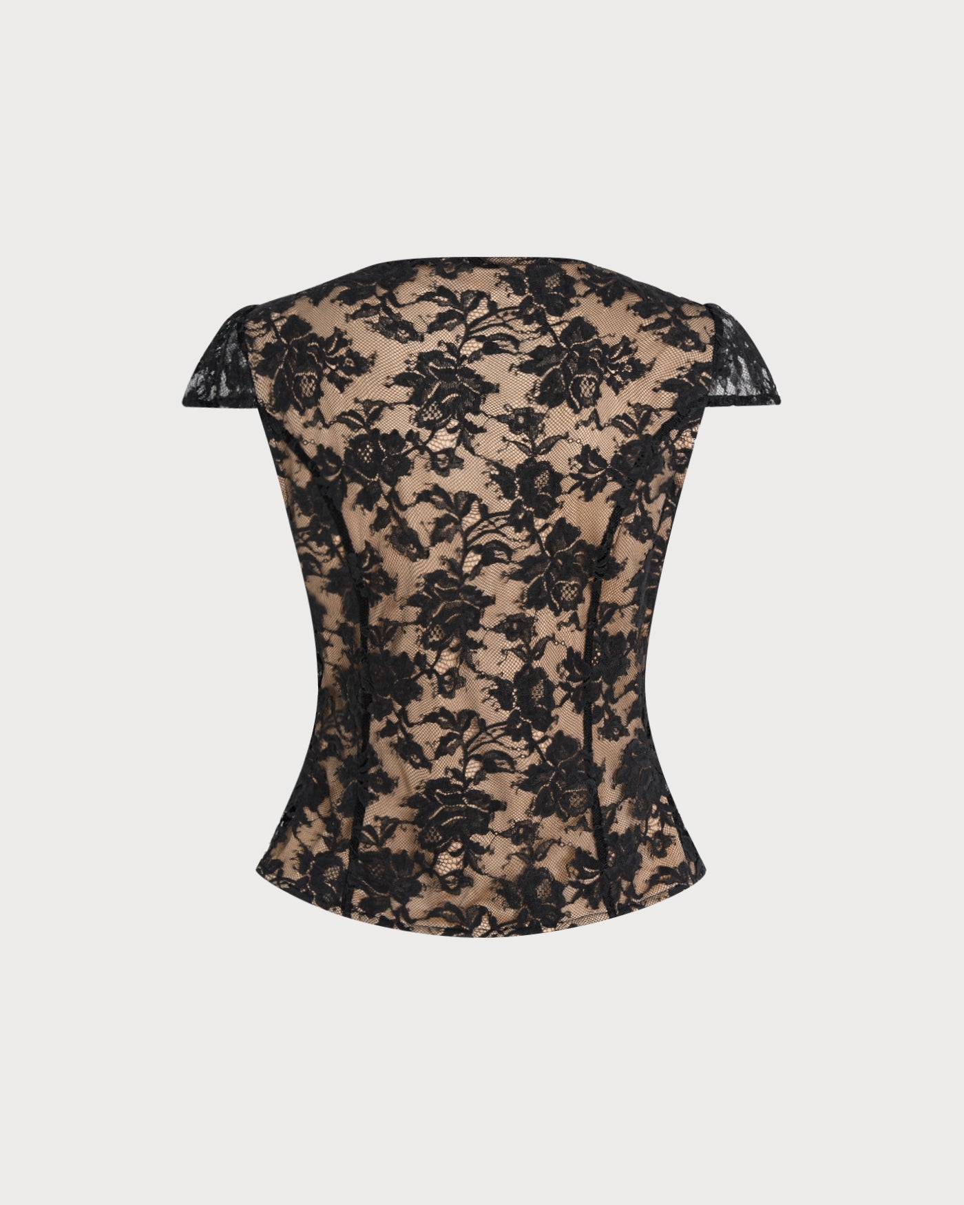 Black floral lace blouse with V-back and short sleeves (flat lay)