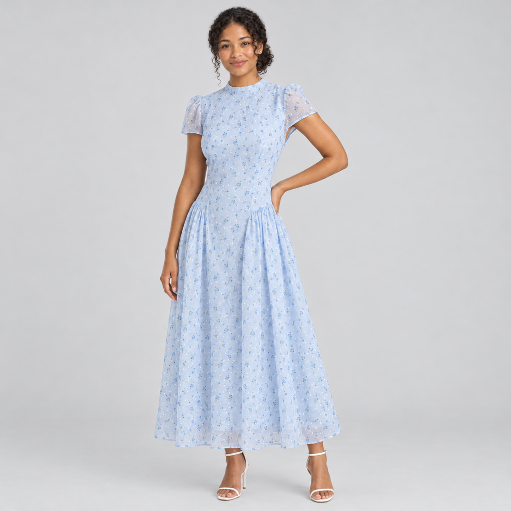 Blue floral chiffon dress three-quarter view, hand on hip, dropped waist