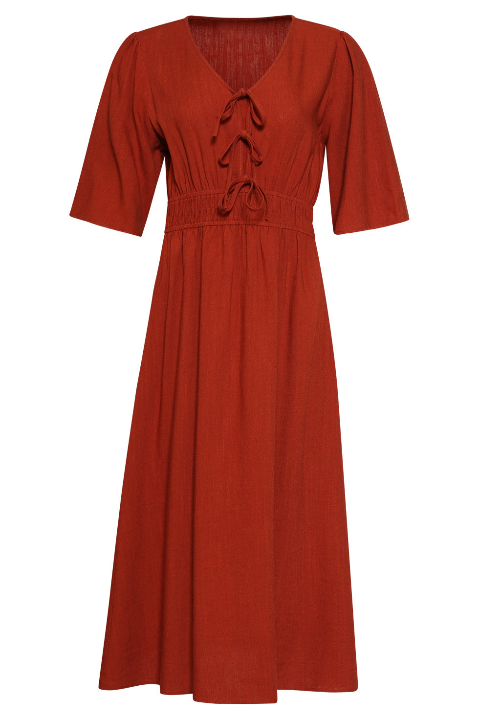 Brick midi dress front, lace-up V-neck bodice with elastic waist