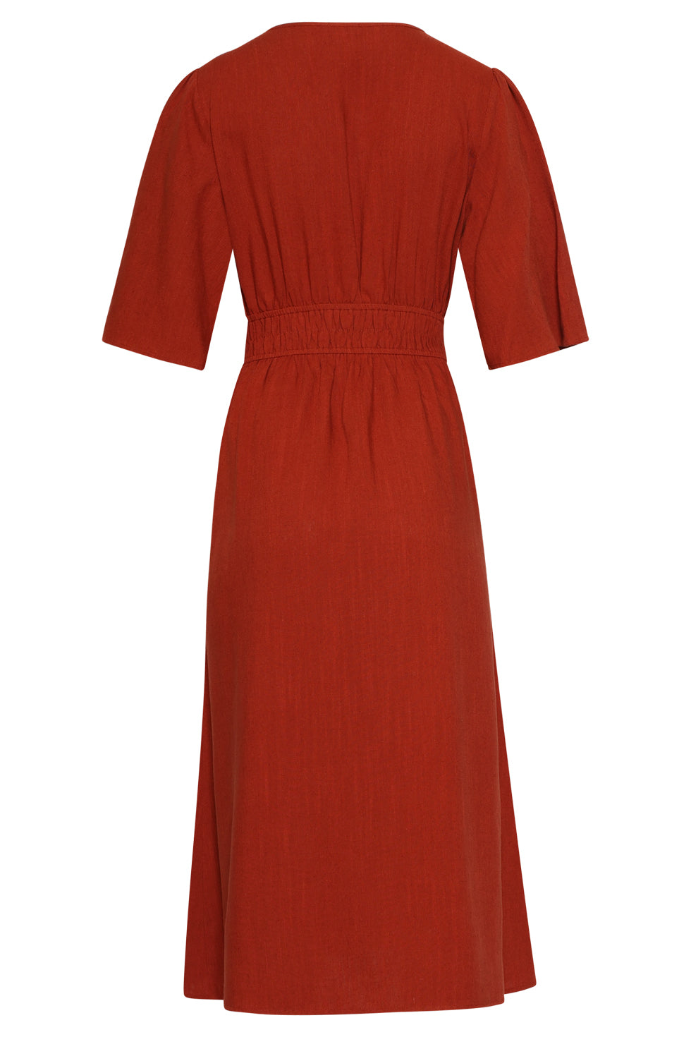 Brick midi dress back view with elastic waistband and gathered waist seam