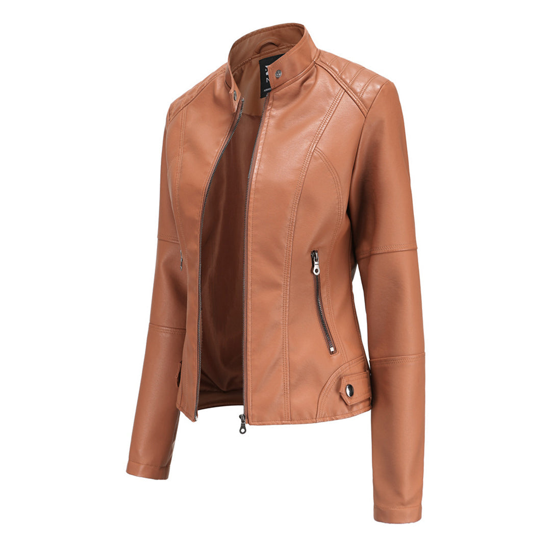 Tan women’s zip-up stand-collar jacket with vertical zip front and sleeve seam panels