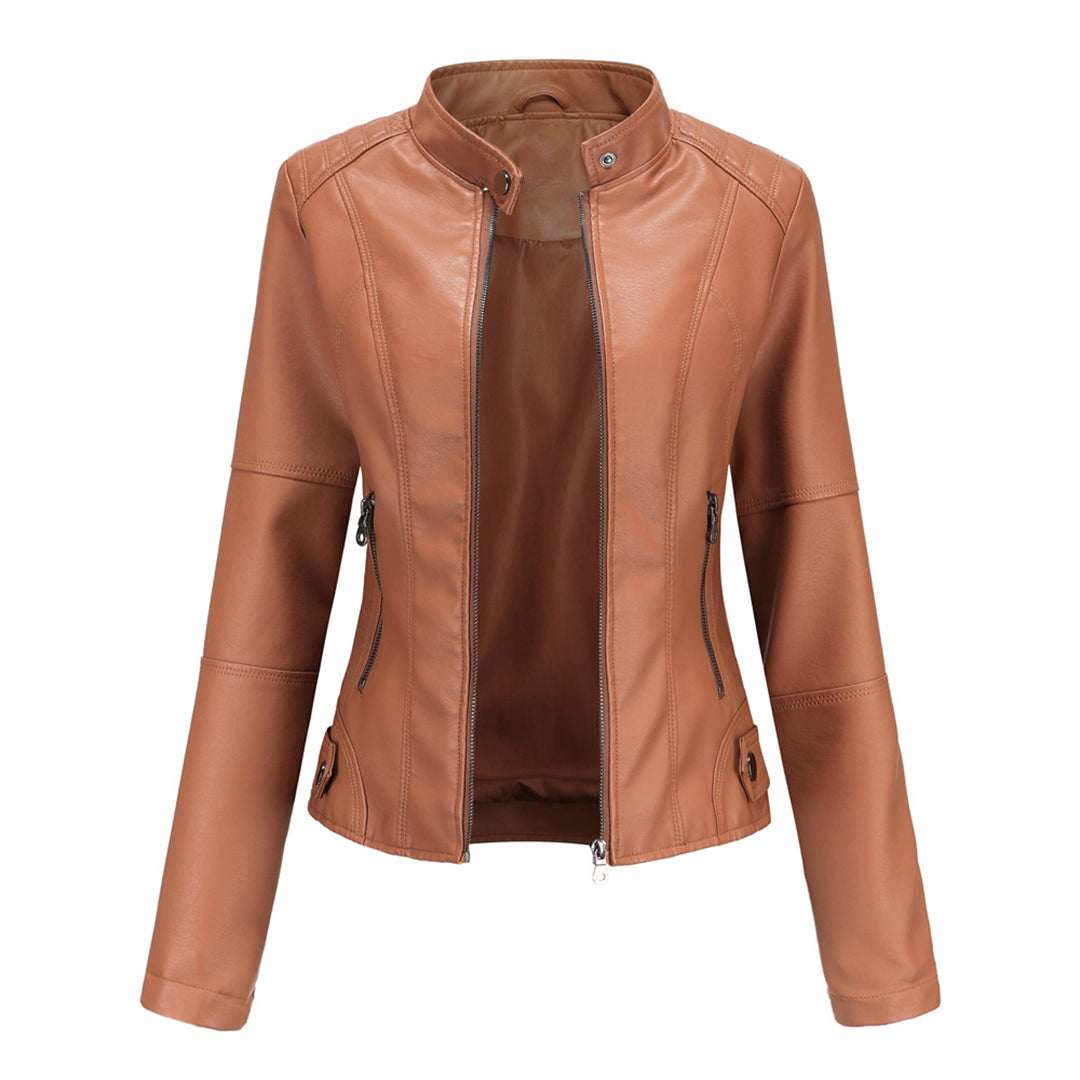 Camel women’s zip-up stand-collar jacket with center zipper and side pocket zips