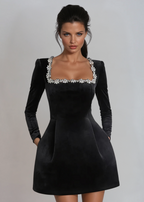 Celeste Velvet Mini Dress | Crystal Trim Square Neck