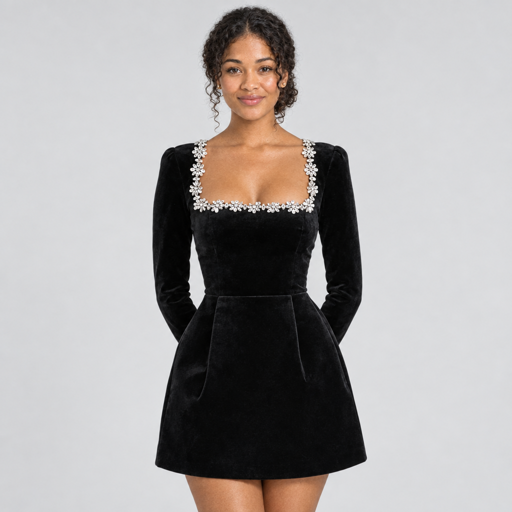 Black velvet mini dress front view showing crystal embellished square neck
