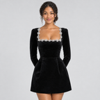 Black velvet mini dress front view showing crystal embellished square neck