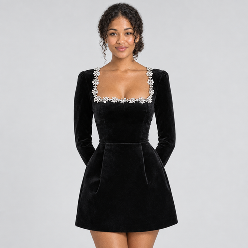 Black velvet mini dress front view showing crystal embellished square neck