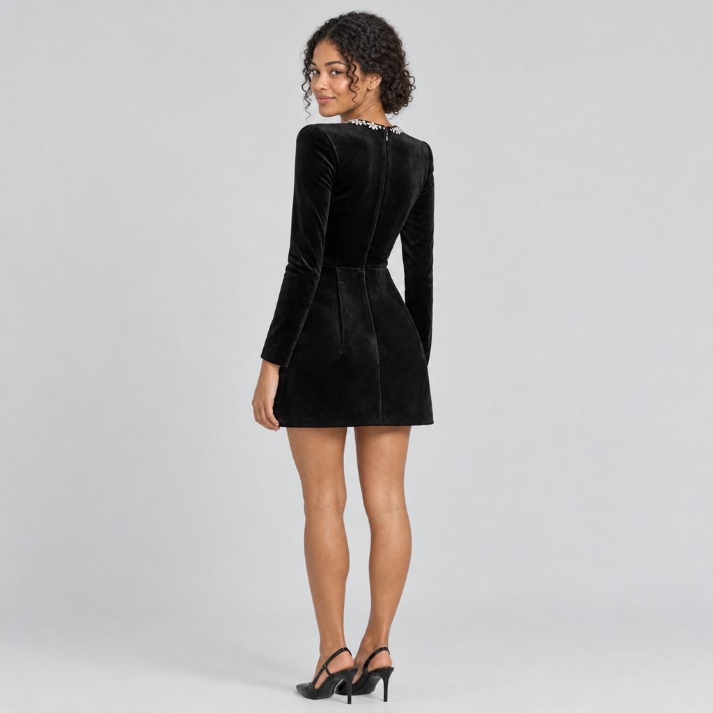 Black velvet mini dress back view with fitted waist and long sleeves