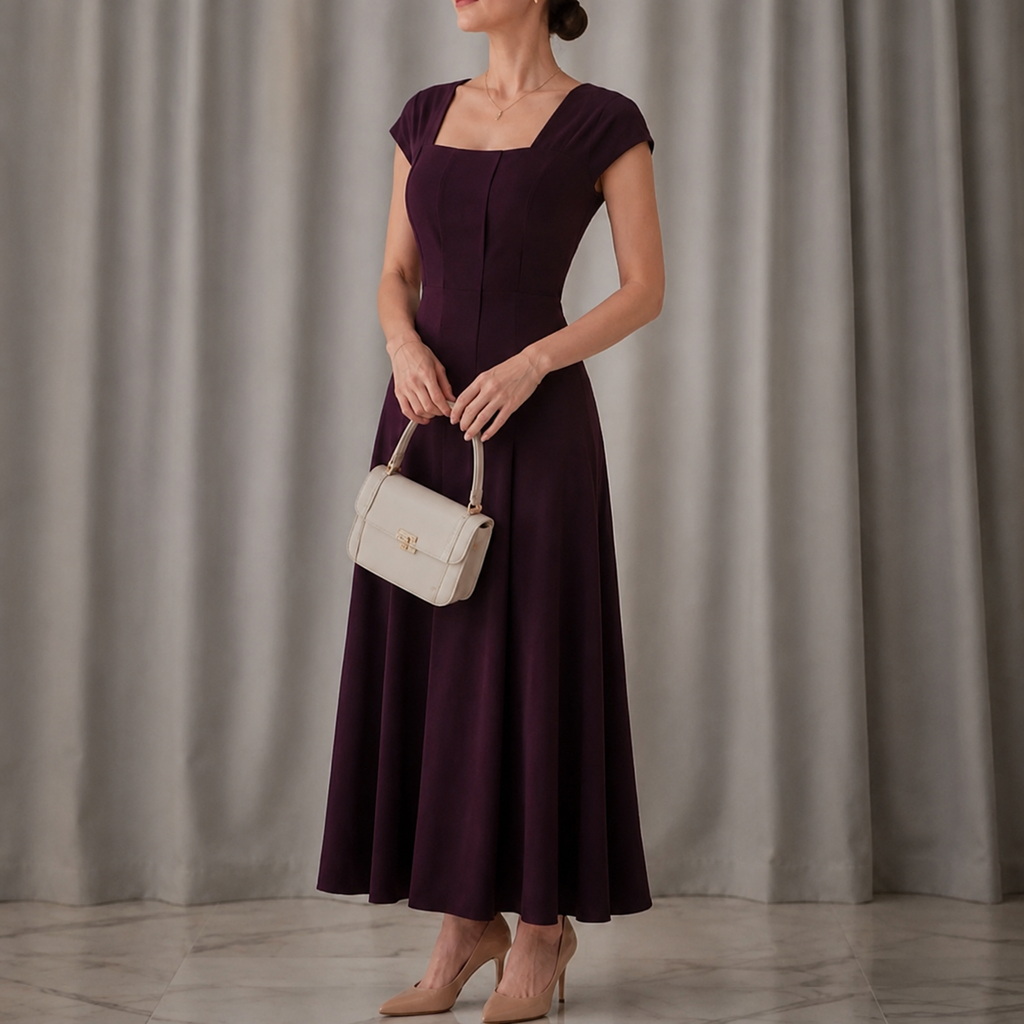 Square-neck A-line midi dress with sculpted waist, short sleeves, deep purple