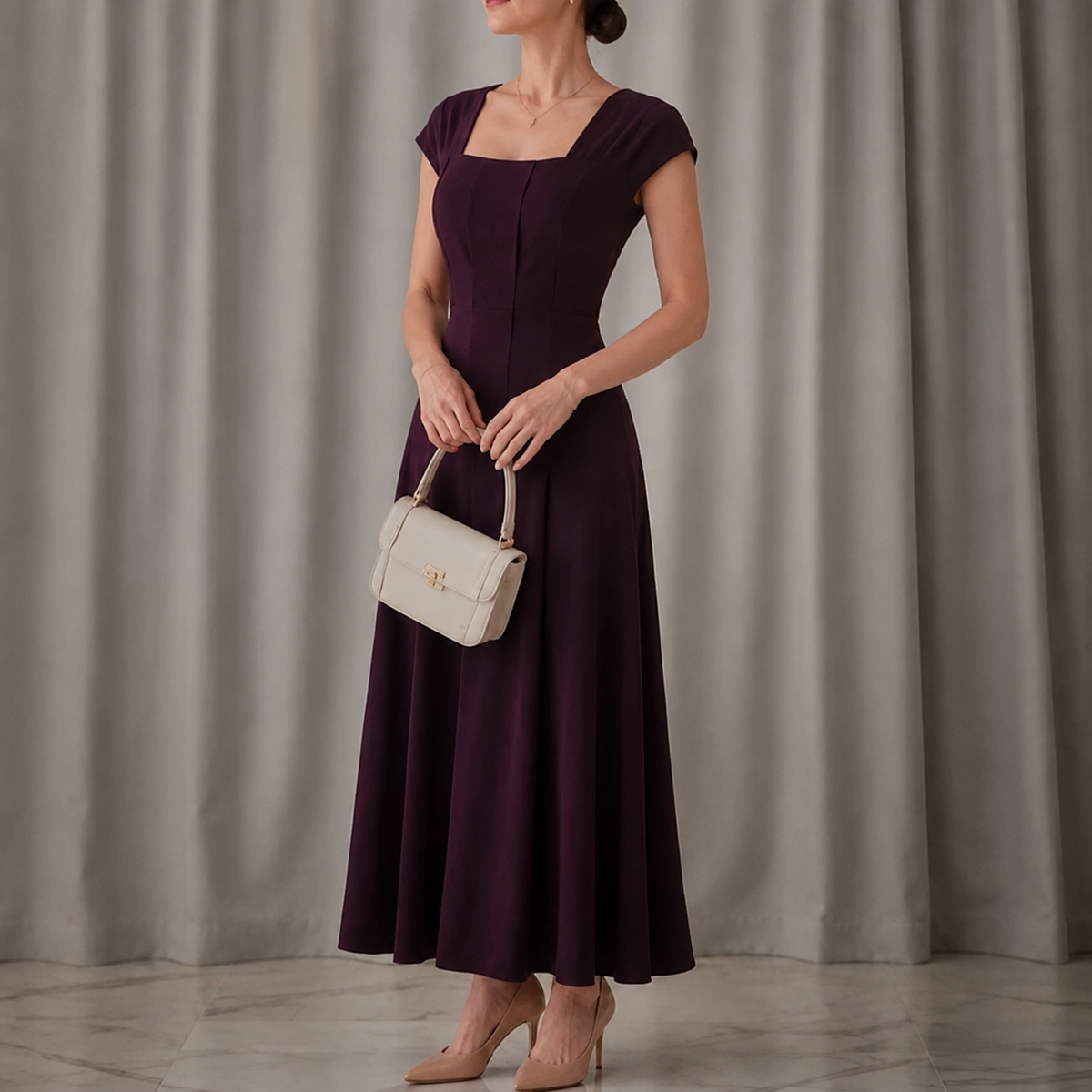 Square-neck A-line midi dress with sculpted waist, short sleeves, deep purple
