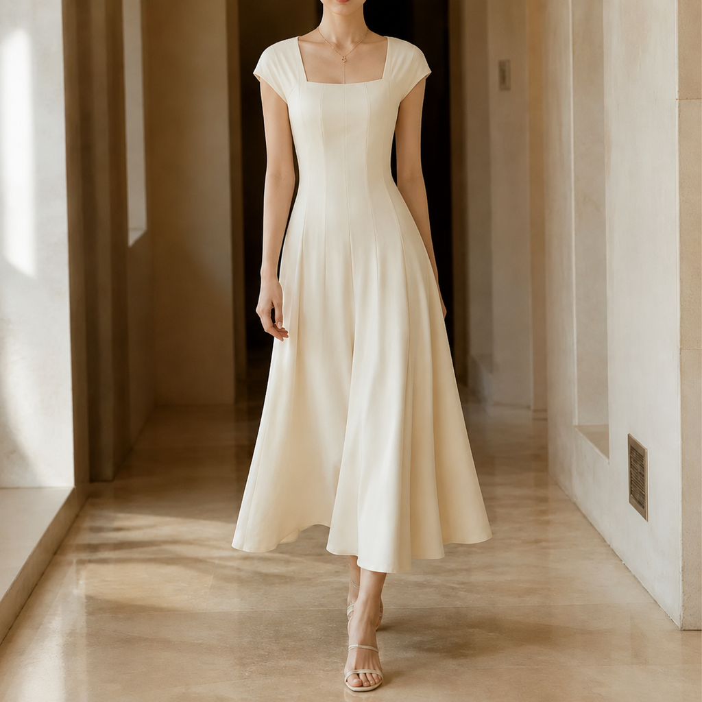 Square-neck A-line midi dress with sculpted waist, short sleeves, ivory