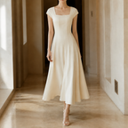 Square-neck A-line midi dress with sculpted waist, short sleeves, ivory