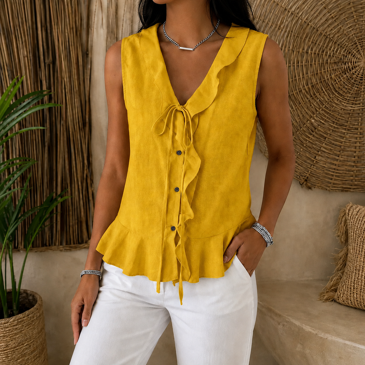 Mustard-yellow sleeveless V-neck blouse with bow tie and peplum ruffle