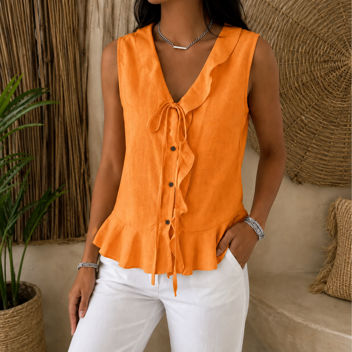 Orange sleeveless ruffle V-neck peplum blouse with bow-tie front and button placket