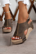 Chestnut suede wedge sandals with cutout straps, studded sides, peep-toe
