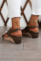 Chestnut wedge sandals with ankle strap, cutout upper, small studs on sides