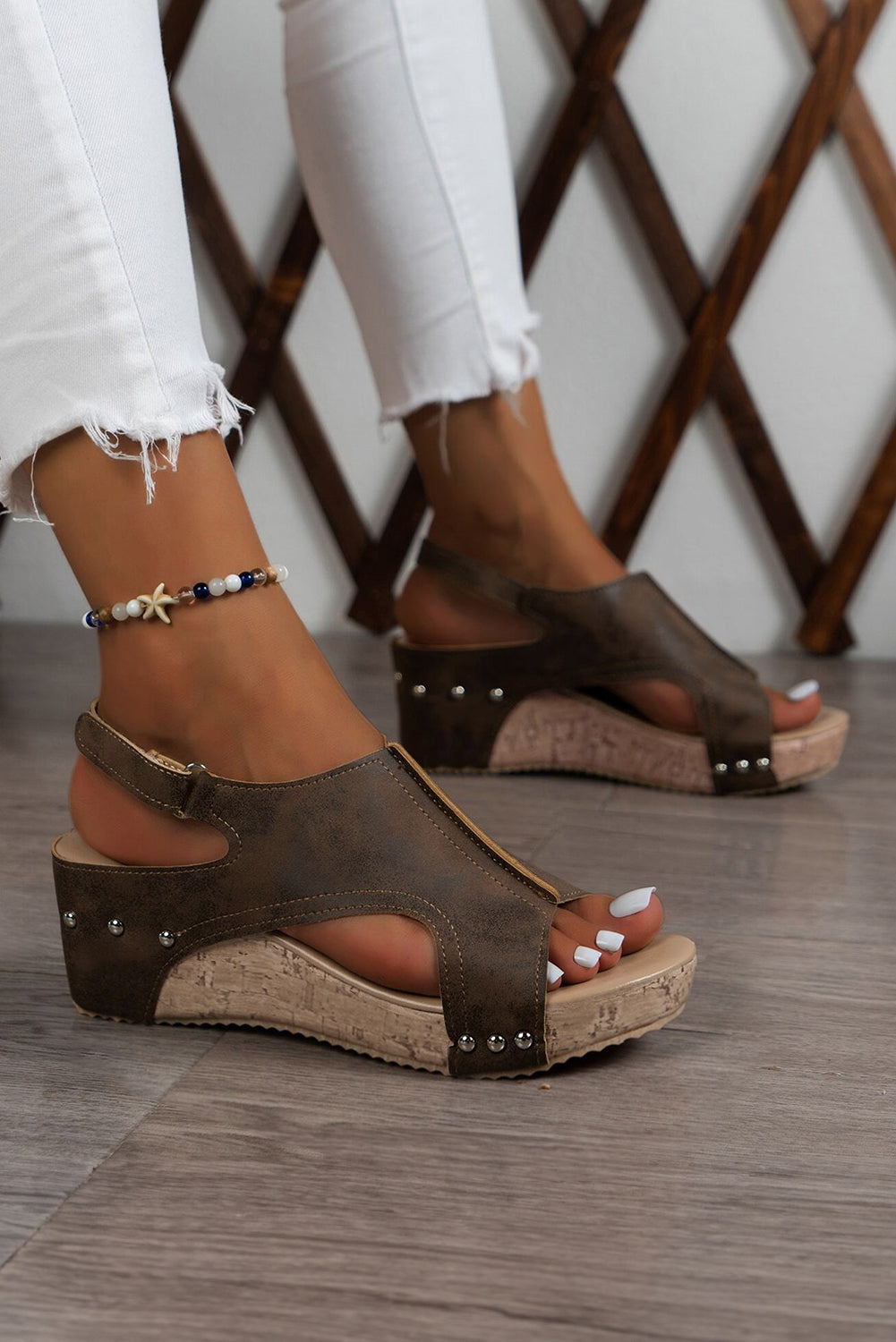 Chestnut suede wedge sandals with T-strap, peep toe, studded platform heel