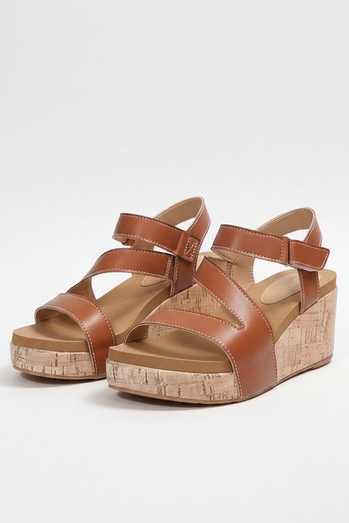 Chestnut leather wedge sandals with two Velcro straps, open toe, cork-look platform