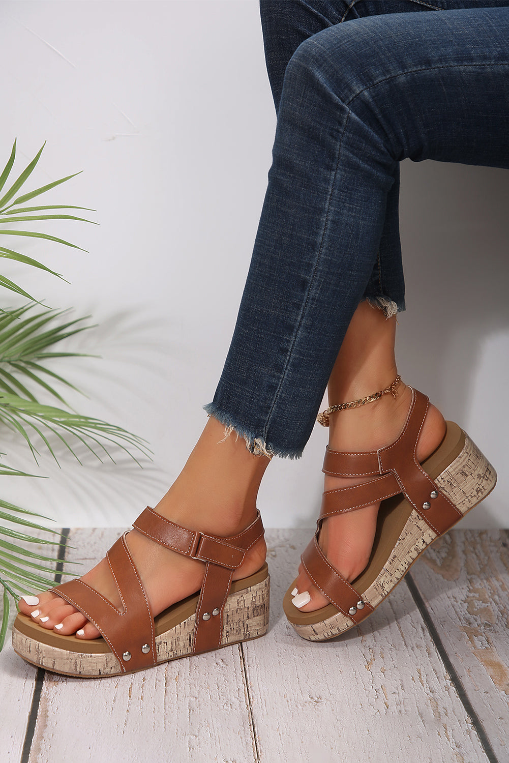 Chic Wedge Sandals | Genuine Leather, Velcro Closure, Comfortable Wedge Heels