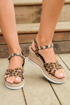 Leopard-print wedge sandals with rhinestone flower trim, open toe and jute wedge