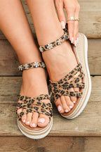 Leopard-print wedge sandals with rhinestone flower ankle strap and jute-texture wedge
