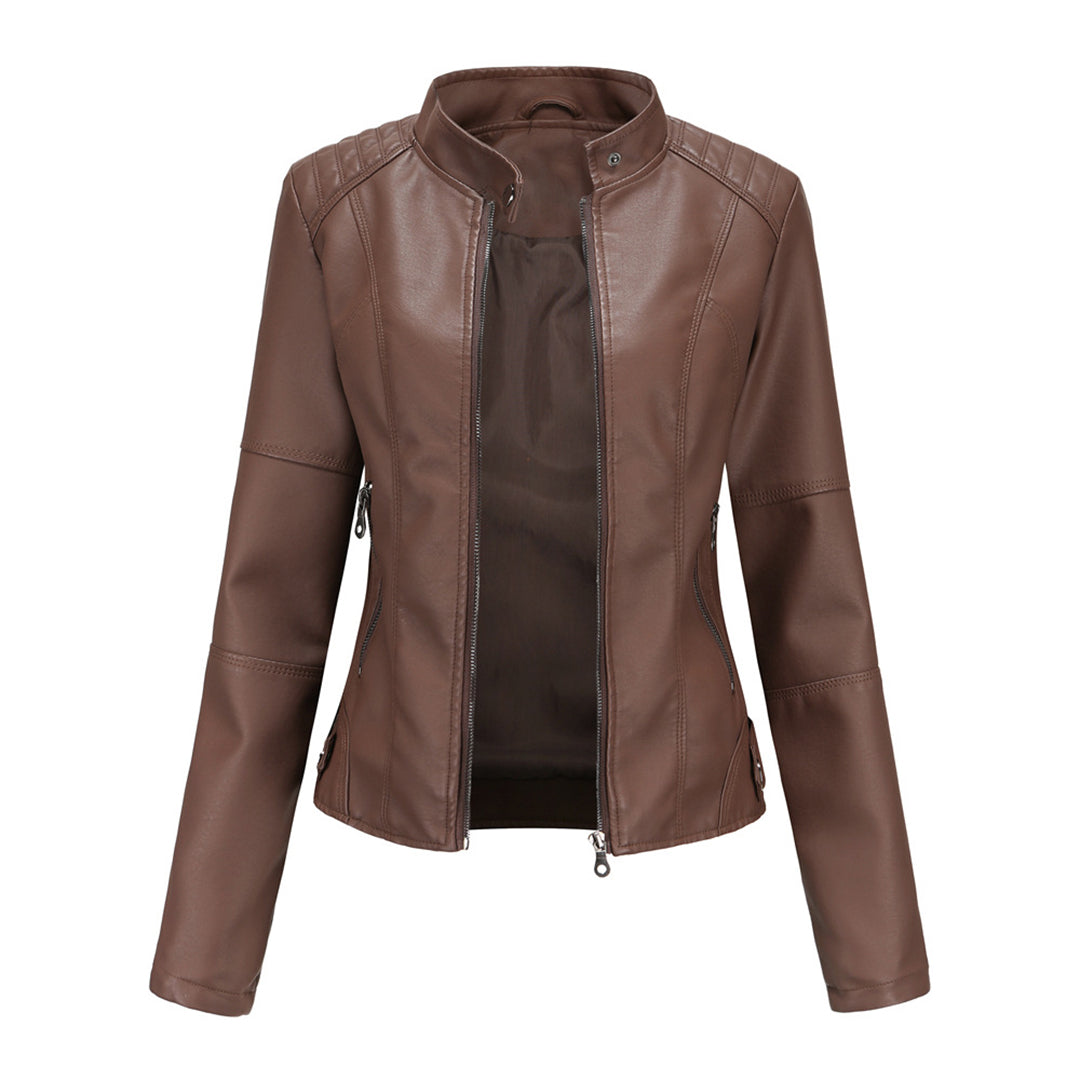 Dark brown women’s zip-up stand-collar jacket with center front zipper and side seam zips