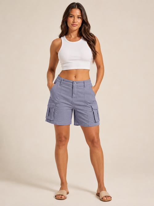Women’s high-waist cargo bermuda shorts in blue-gray, elastic waist with side pockets