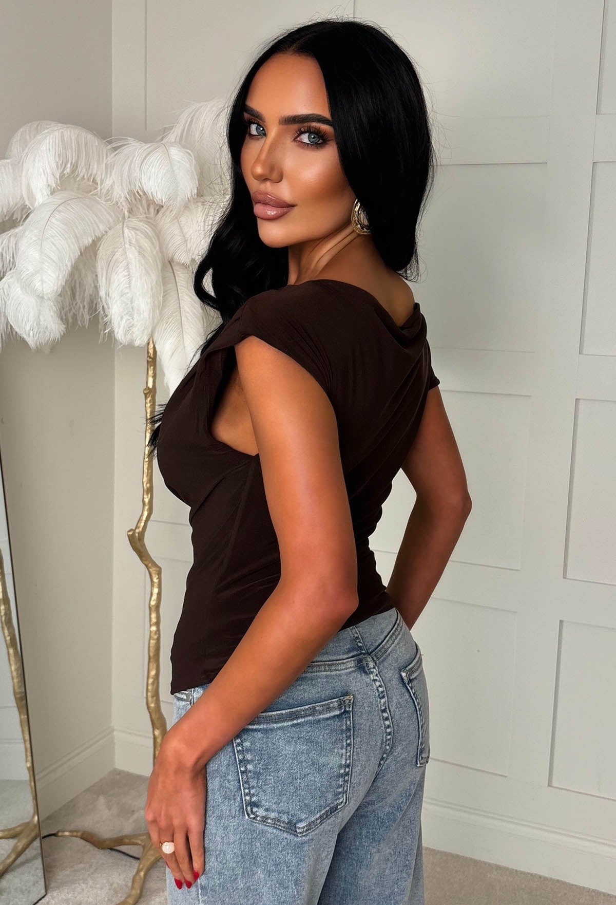 Brown ruched-shoulder sleeveless draped top with gathered shoulder