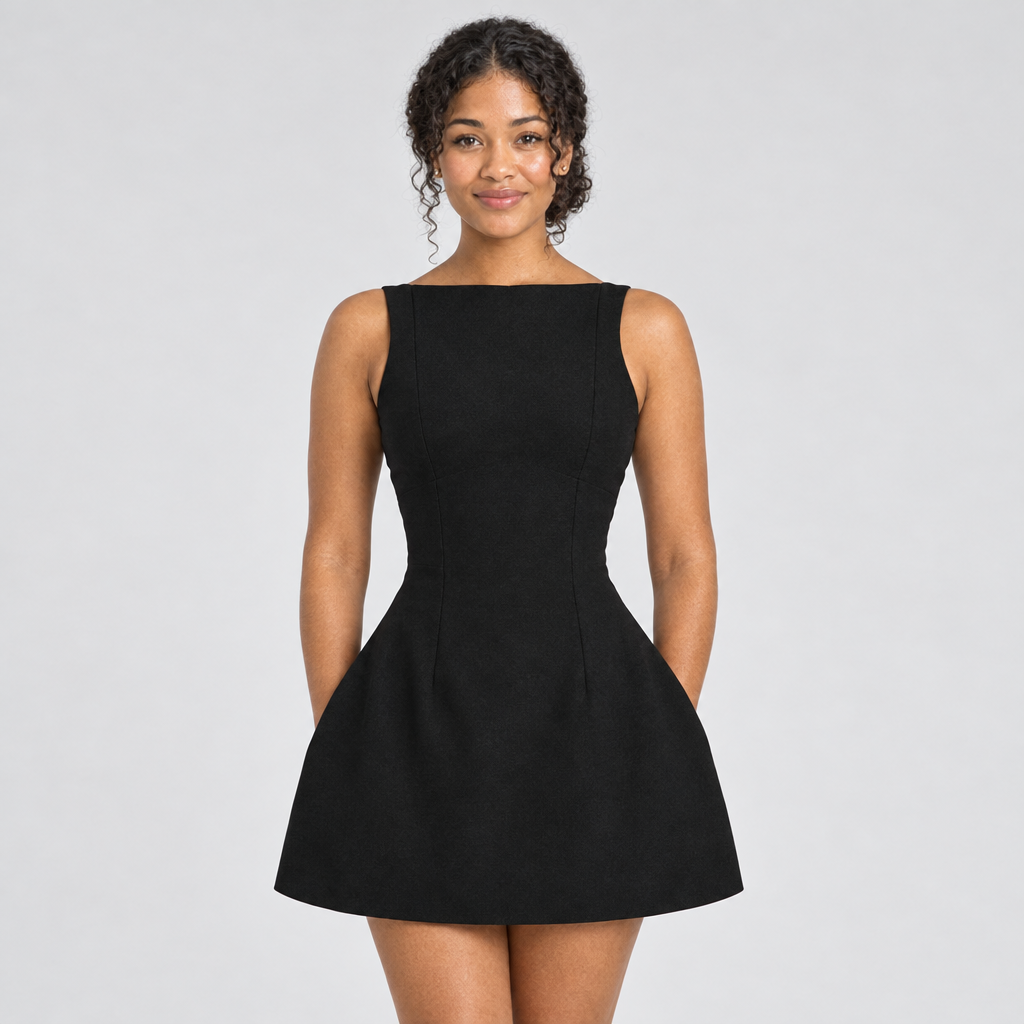 Black A-line mini dress front view on model, boat neckline, fitted bodice