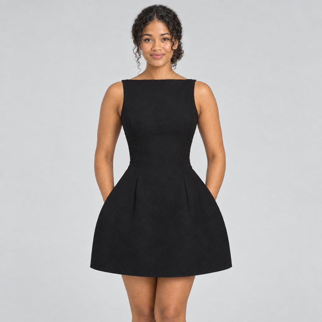 Black graduation mini dress front view with hands in pockets