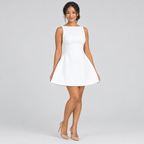 White sleeveless graduation mini dress three-quarter view, structured skirt