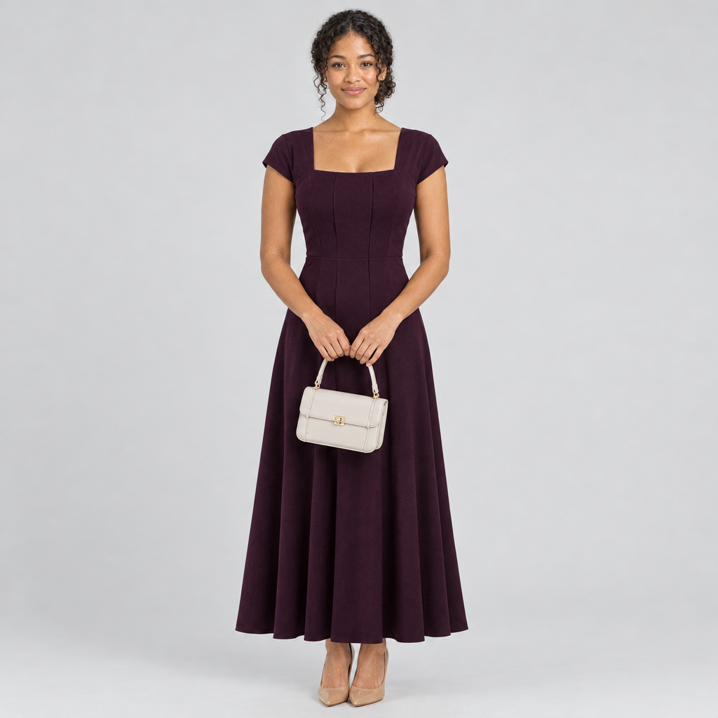 Deep purple square-neck A-line dress on model with cap sleeves and white bag