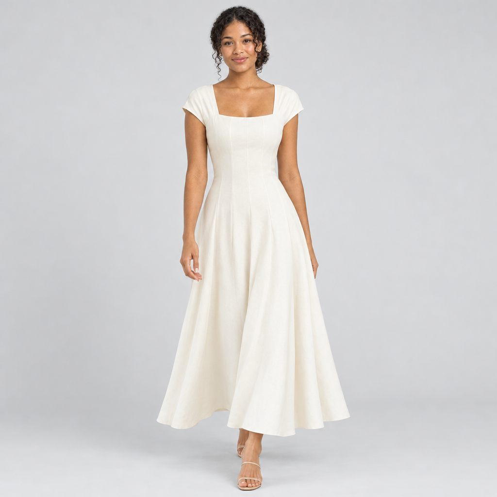 Ivory square-neck A-line dress walking view with sculpted waist