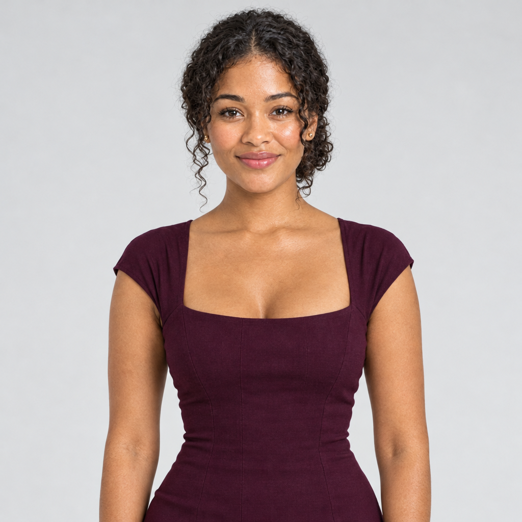 Maroon square-neck dress close view of cap sleeves and fitted bodice