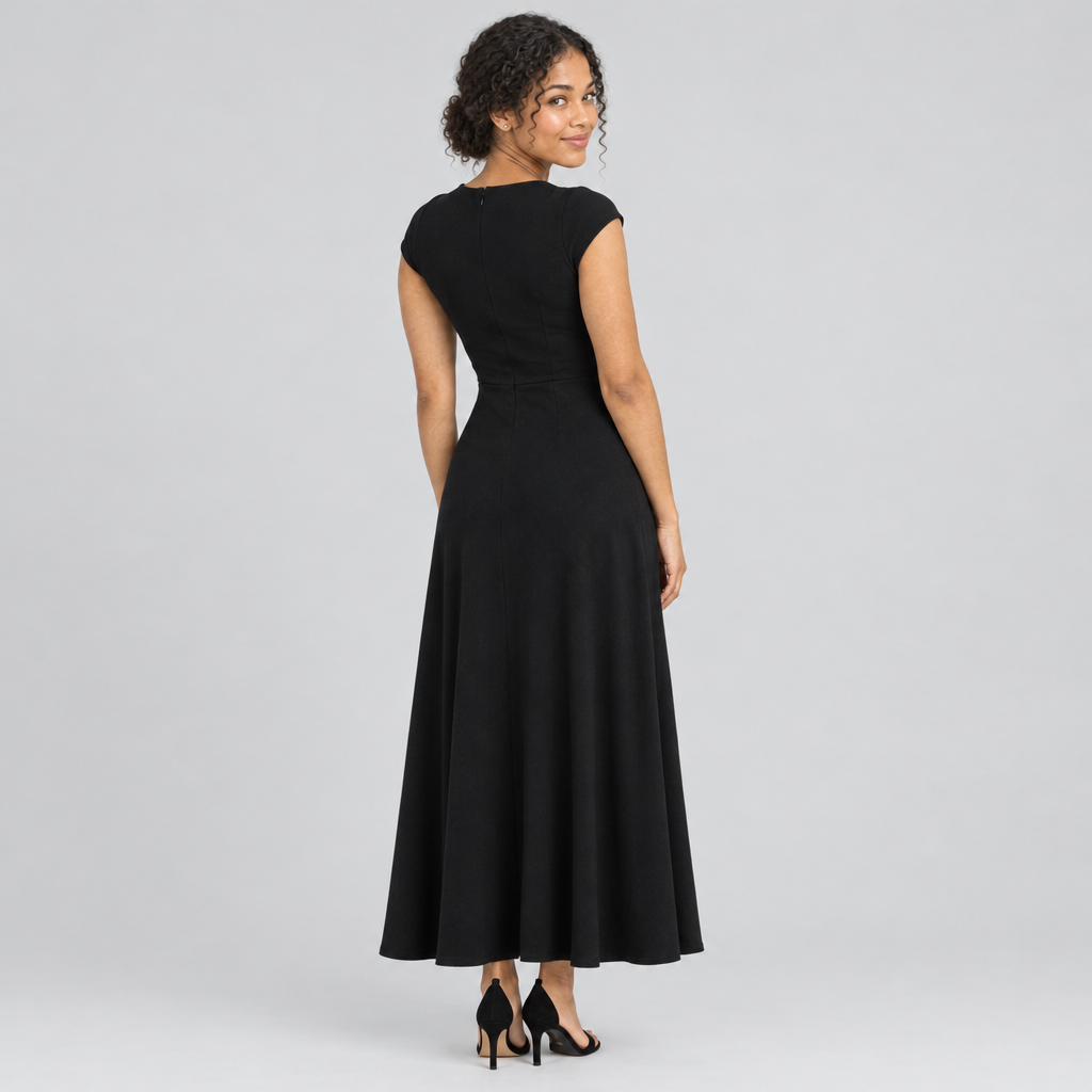 Back view of dark square-neck A-line dress with cap sleeves on model