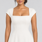 Ivory dress detail of square neckline, cap sleeves and sculpted waist seams