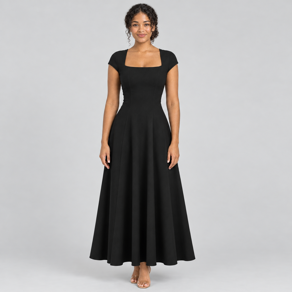 Black square-neck A-line dress front view on model with cap sleeves