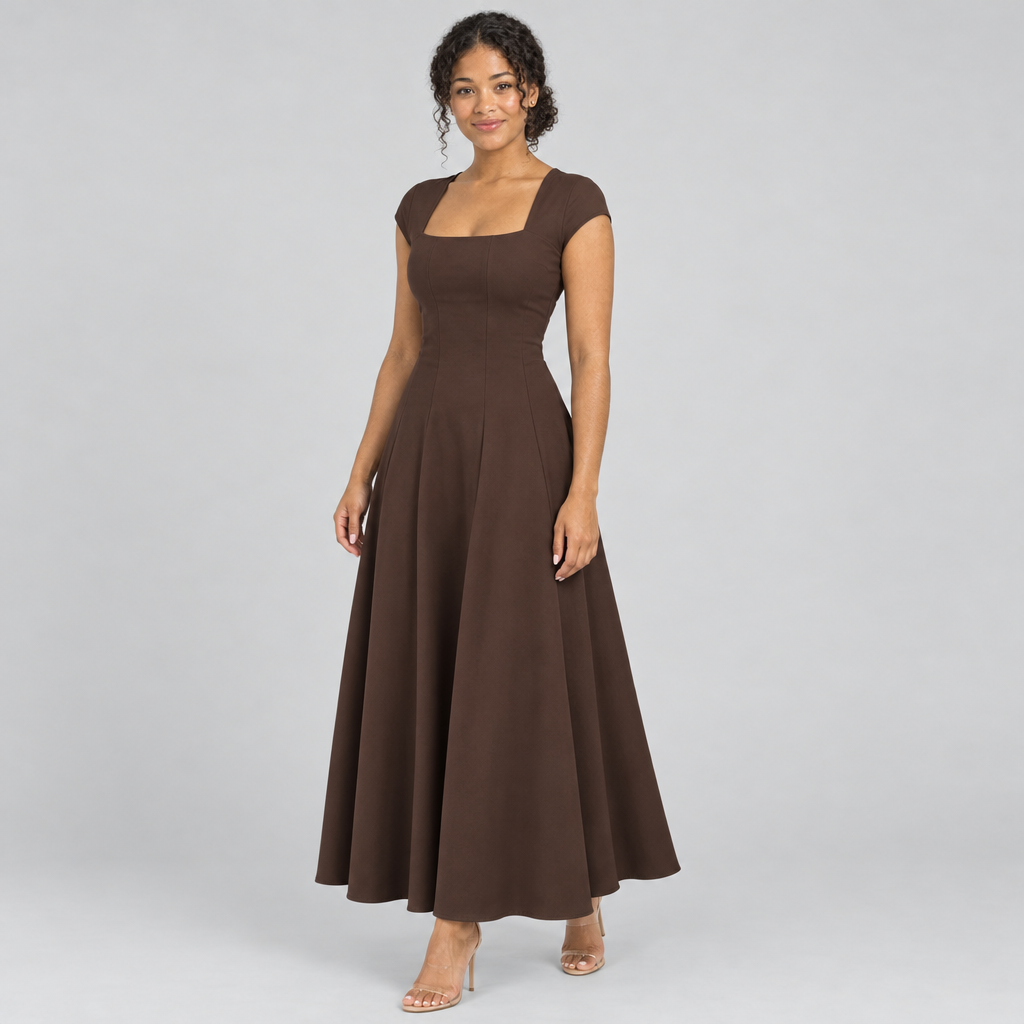 Chocolate brown square-neck A-line dress three-quarter view on model