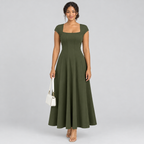 Olive green square-neck dress front view with sculpted waist and white bag