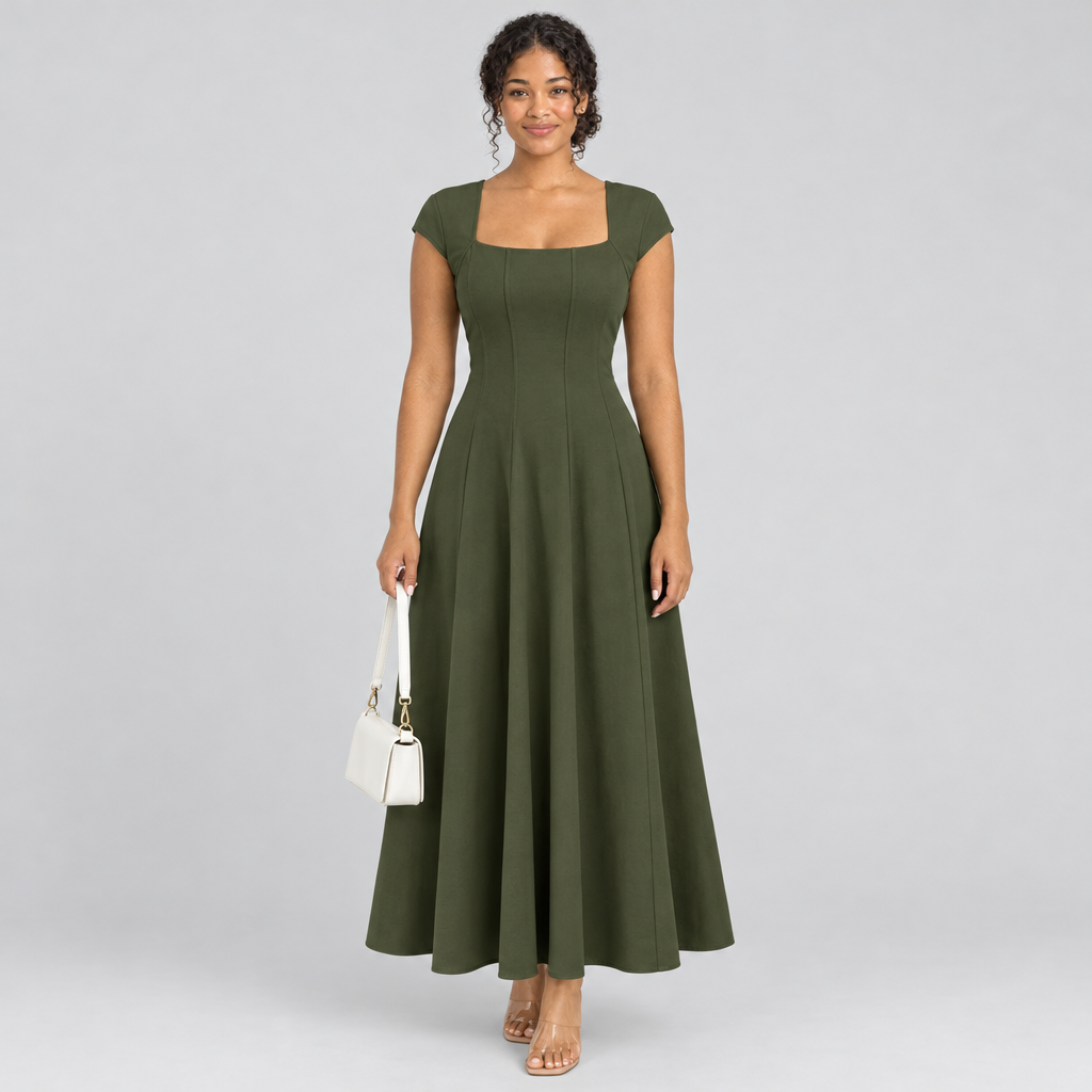 Olive green square-neck dress front view with sculpted waist and white bag