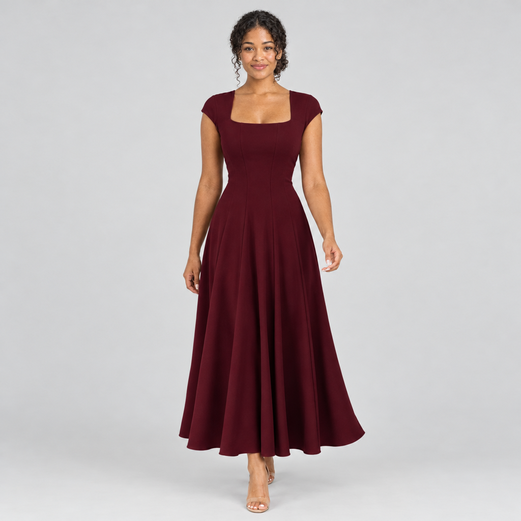 Burgundy square-neck A-line dress walking front view with cap sleeves