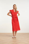Red women's midi dress with flutter sleeves, V-neck, geometric embroidery, self-belt