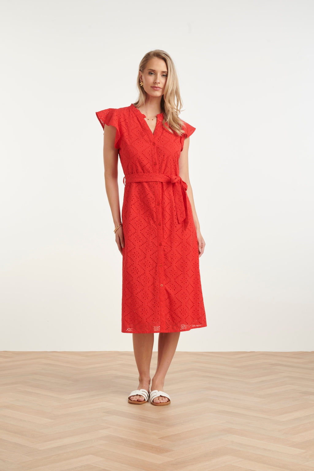 Red women's midi dress with flutter sleeves, geometric embroidery, belted waist, V-neck