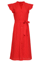 Red V-neck dress with flutter sleeves and geometric embroidery, belt and buttoned placket