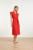 Red women's midi dress with flutter sleeves, geometric embroidery and tie belt