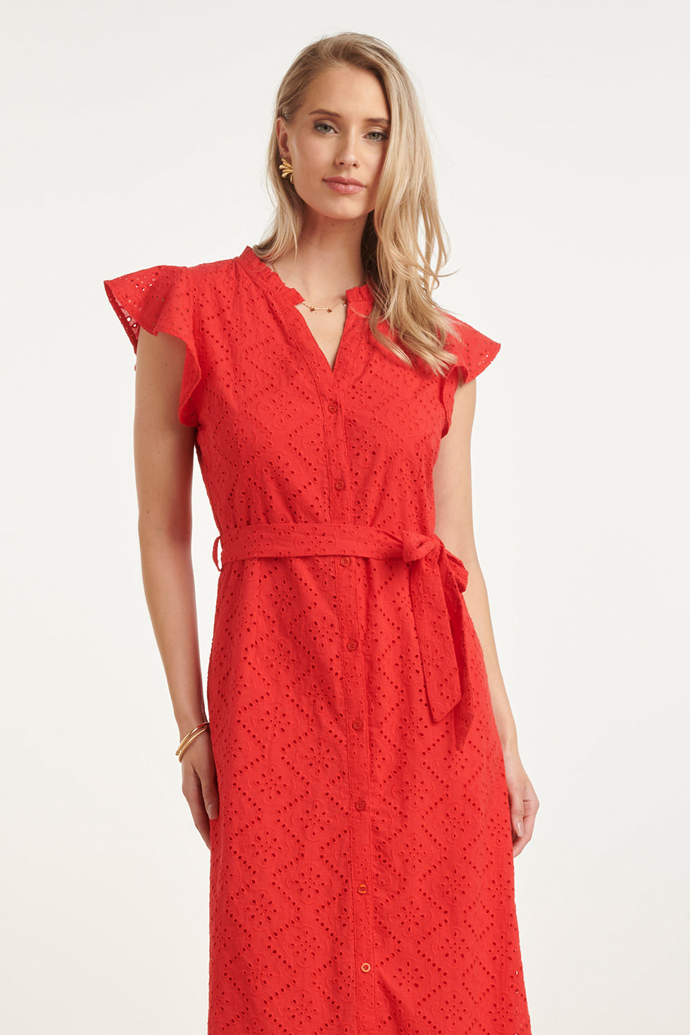Red women's midi dress front view, flutter sleeves, V-neck, geometric embroidery