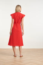 Red women's midi dress back view with flutter sleeves, geometric embroidery and tie belt