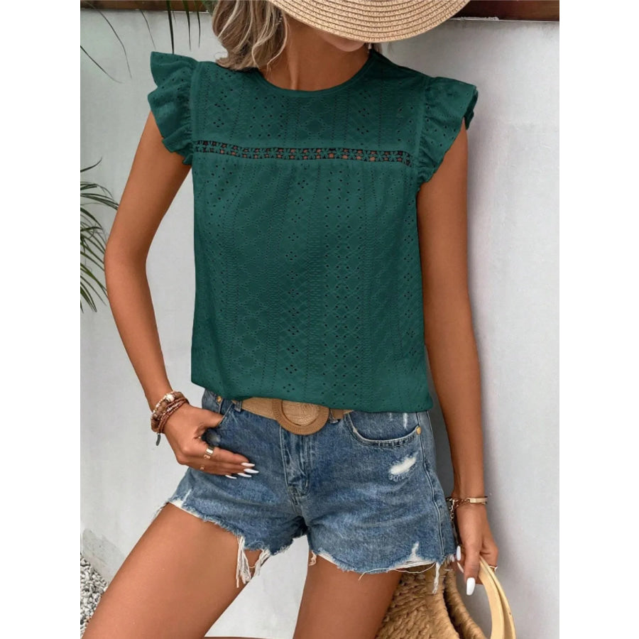 Women's eyelet cap-sleeve blouse in dark green with ruffled shoulders