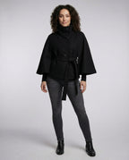 Women’s black wrap coat with high collar, tie belt, wide batwing sleeves