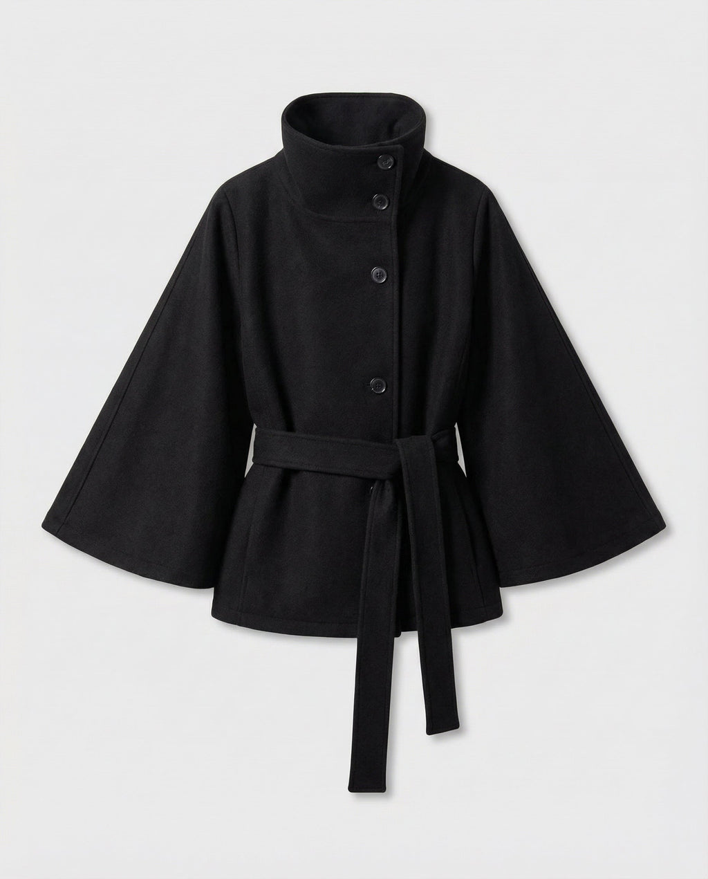 Women's wrap coat with high collar, black, tie belt and wide batwing sleeves