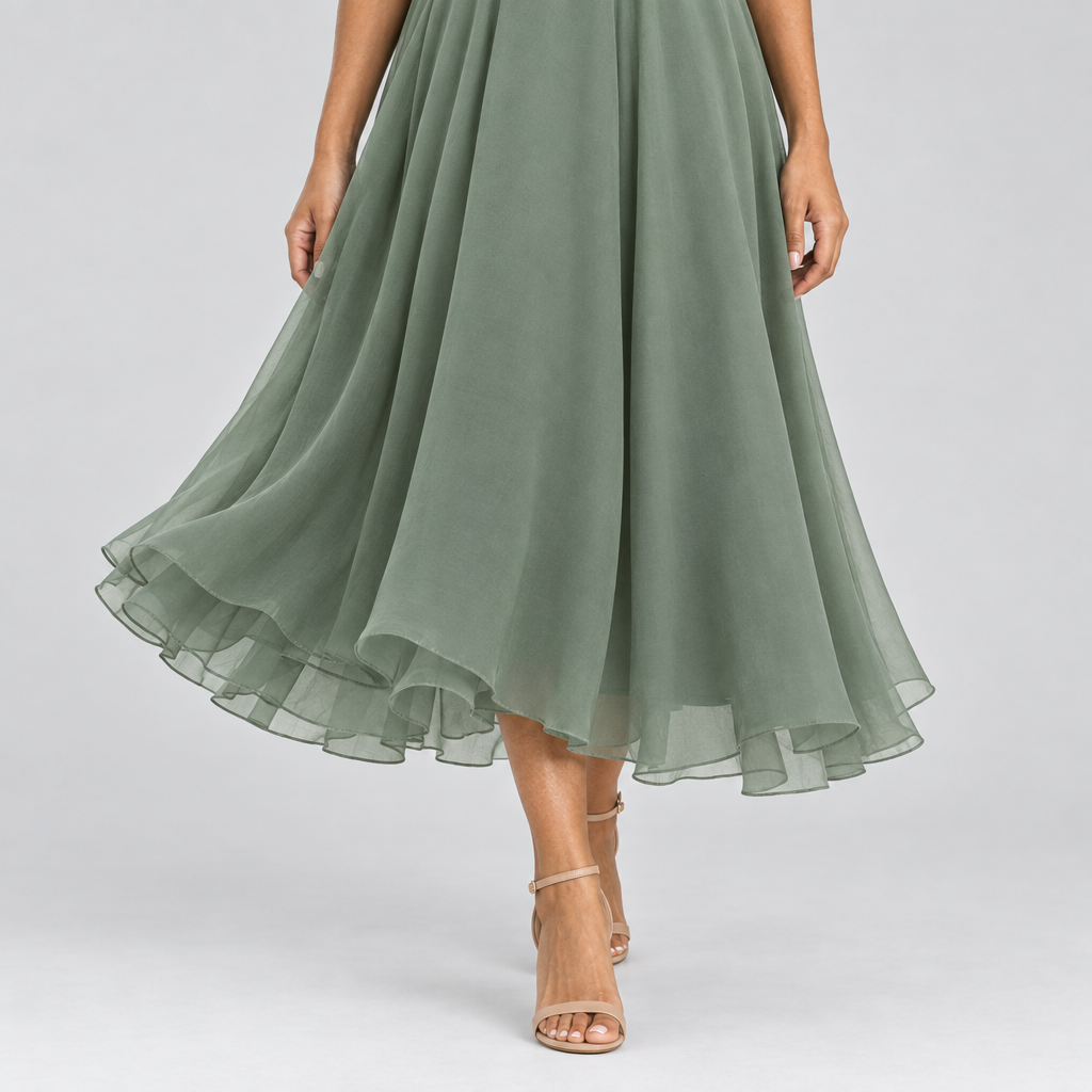 Sage green chiffon-look skirt hem detail in motion with nude heels